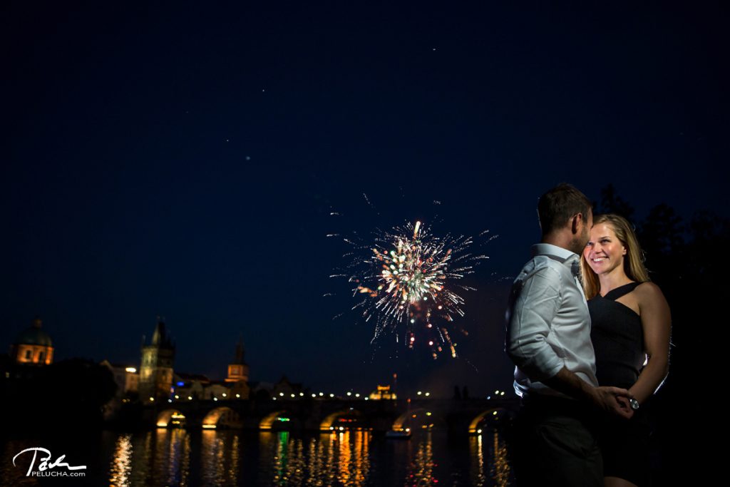 prague engagement photo with fireworks