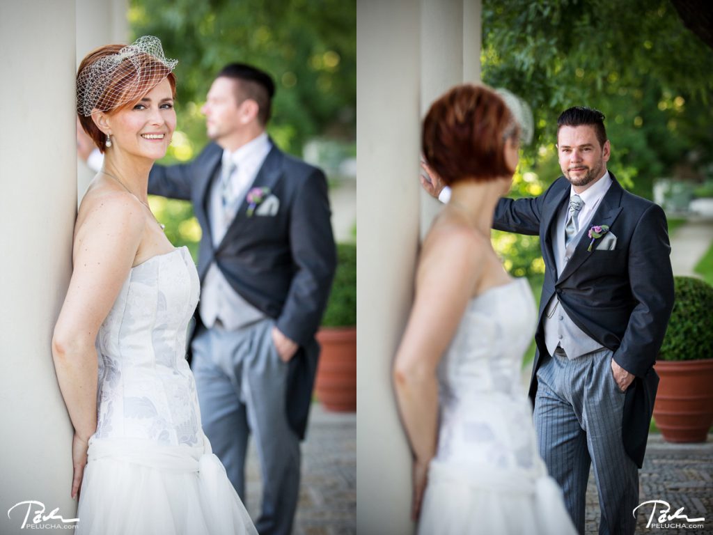 portrait of bride and groom standing in different distances